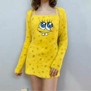 Dolls Kill x SpongeBob yellow fuzzy mini dress